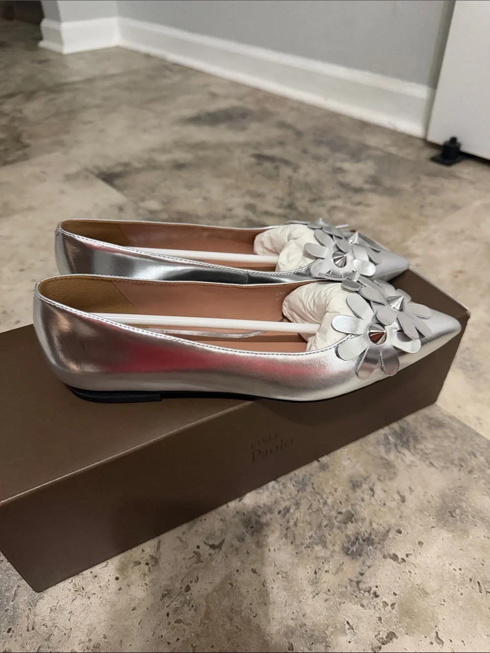 Women's Narcisus Silver Pointed Toe Floral Ballet Flats